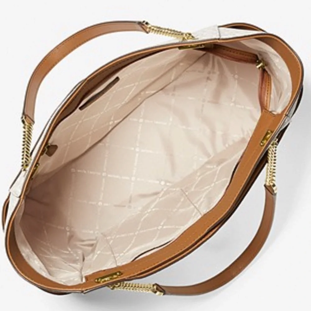 MICHAEL KORS LARGE X CHAIN SHOULDER TOTE VANILLA SIGNATURE